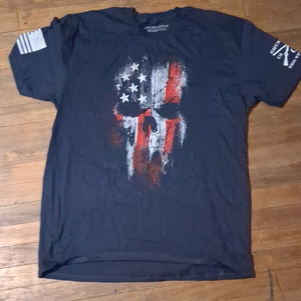 Grunt Style Navy Blue T‑Shirt with American Flag Skull Graphic
